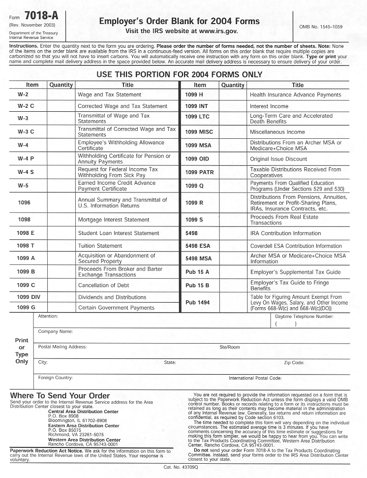 Form 7018-A (Employer's Order Blank for 1994 Forms)