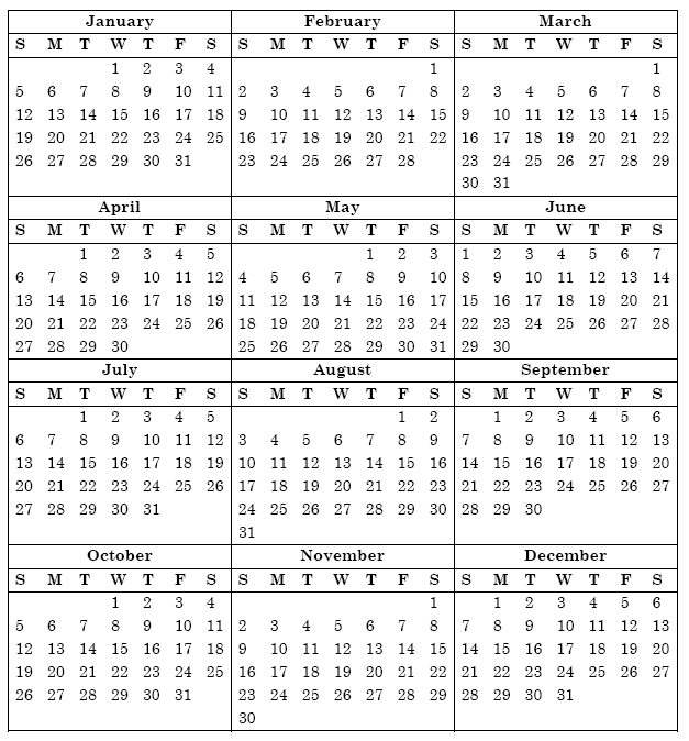 SSA POMS DI 52170.055 Calendars for Proration (19642028) 09/25/2008