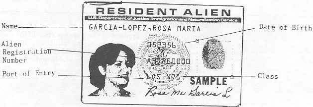 The original Alien Registration Receipt Card (Type 1) was issued from 1977 to late 1989 - (Card Front)