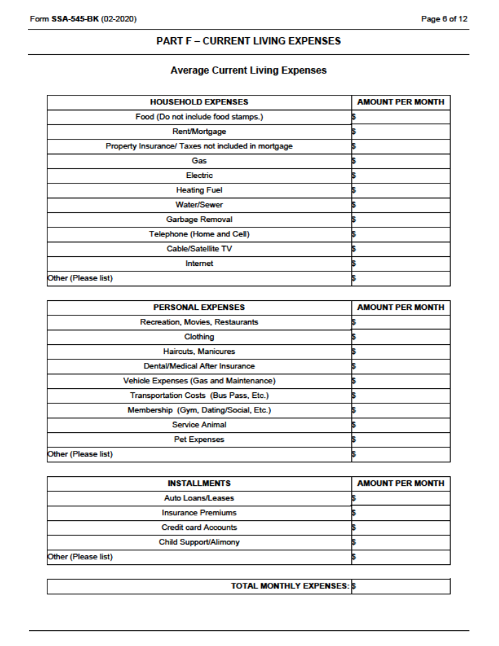 SSA-545-BK Page 6 of 12 - Part F- Current Living Expenses