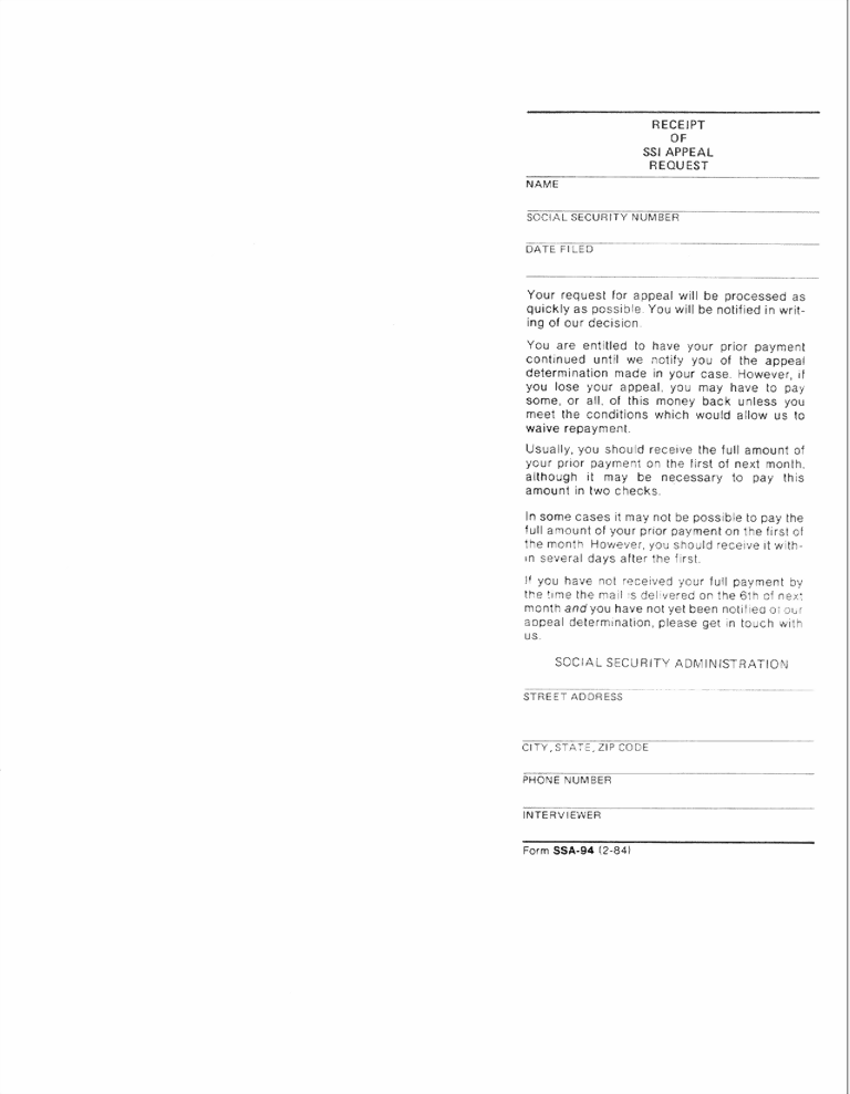SSA-94 Receipt of SSI Appeal Request Form