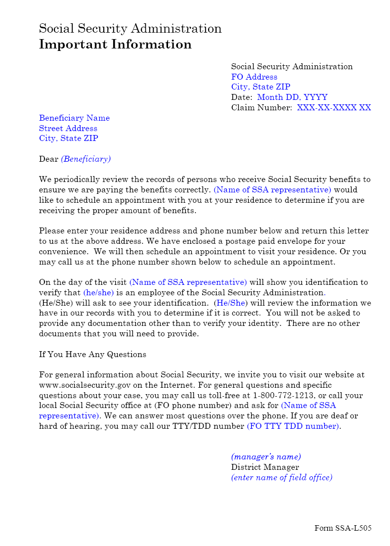 SSA - POMS: NL 00701.139 - SSA-L505 Residence Address Request Letter